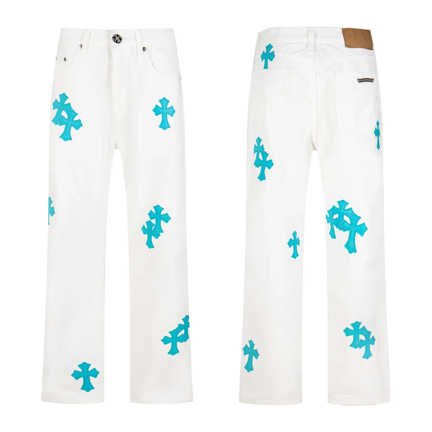 P220 high version, running quantity) Chrome Hearts white pants, green leather, hot style patchwork couple's best friend jeans. CH jeans need to be washed and then disassembled and hand-ordered with sheepskin cross leather and then spliced ​​to complete. The whole piece has too many craftsmanship to describe. The patches are decorated with cross flowers, and the high-waisted washed jeans! ! Absolutely high-end luxury products, god-level single products and super popular products, made with top heavy industry, a must-see magic weapon. Customized hardware. The fabric is thick and soft after washing. It has good breathability. Customized small leather label. Unique design. The details are simple and elegant, and the workmanship is exquisite. The entire trousers are neatly routed and the details are in place! It’s so cool that both men and women can easily control the genderless trend! Style number: 1816# Color: white pants and green leather Size: 28 30 32 34 36